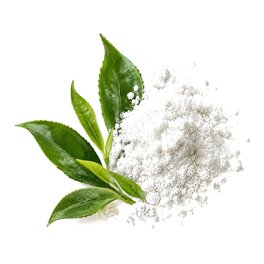 Fresh green tea leaves next to white L-theanine powder